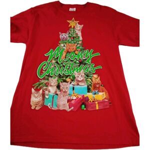 Women's Dec 25th Red Christmas Kitty Cat‎ T-shirt Size Medium
